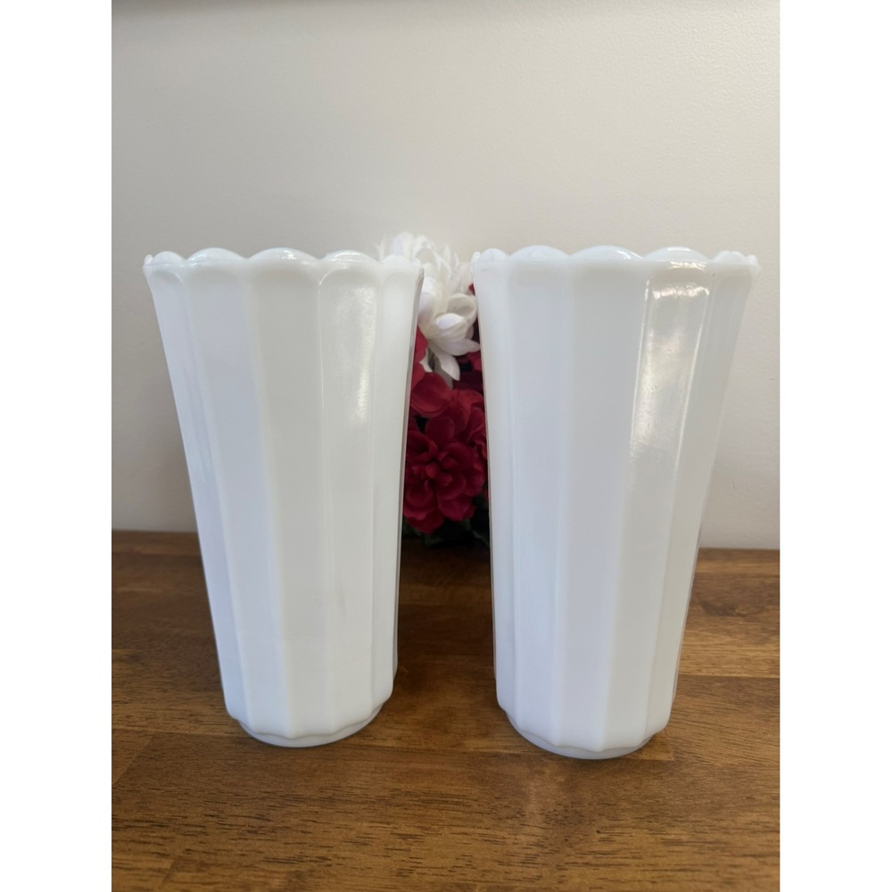 Vintage Paneled Milk Glass Vases Mid-Century‎ White Scalloped-Edge Wedding Decor
